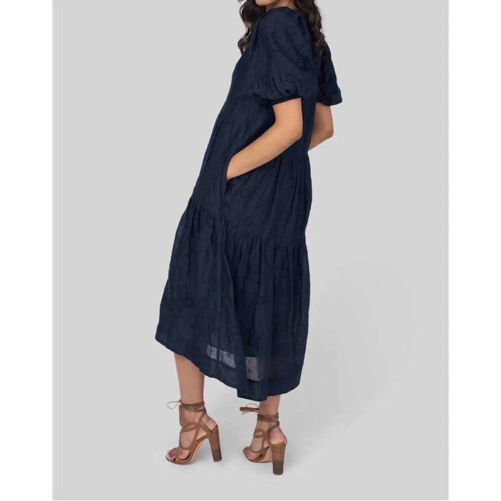 Frame Navy Eyelet PUFF Sleeve Maxi Dress Small Ramie - Picture 4 of 7